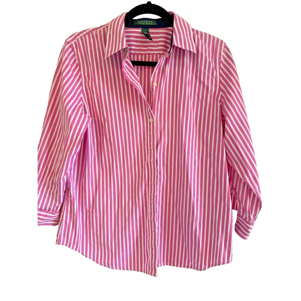 RL Striped Button Down Classic Preppy East Coast Summer Blouse 3/4 Sleeve L